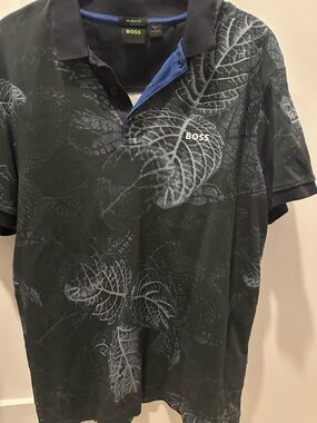 BOSS Black Polo with Subtle Gray Leaf Print and Blue Trim